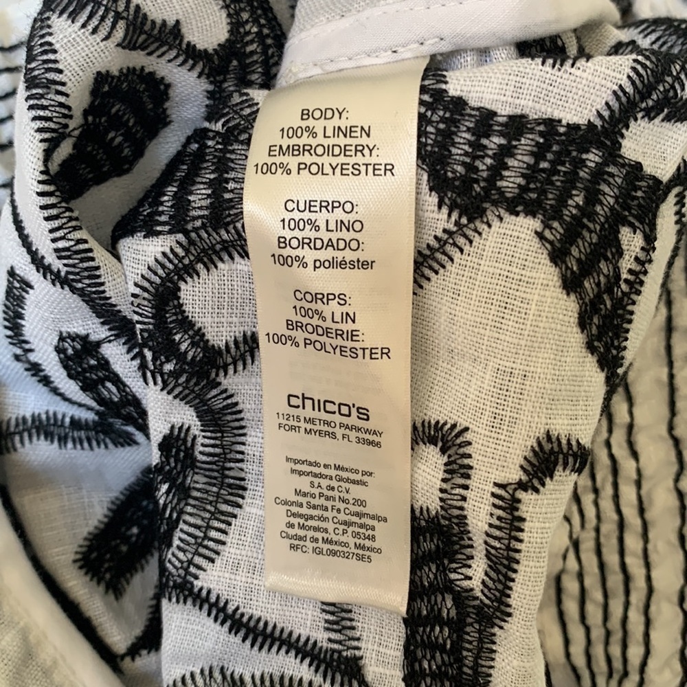 Chicos Black White Linen Embroidered Aztec Bomber Jacket Size 2 or Large - Picture 7 of 8